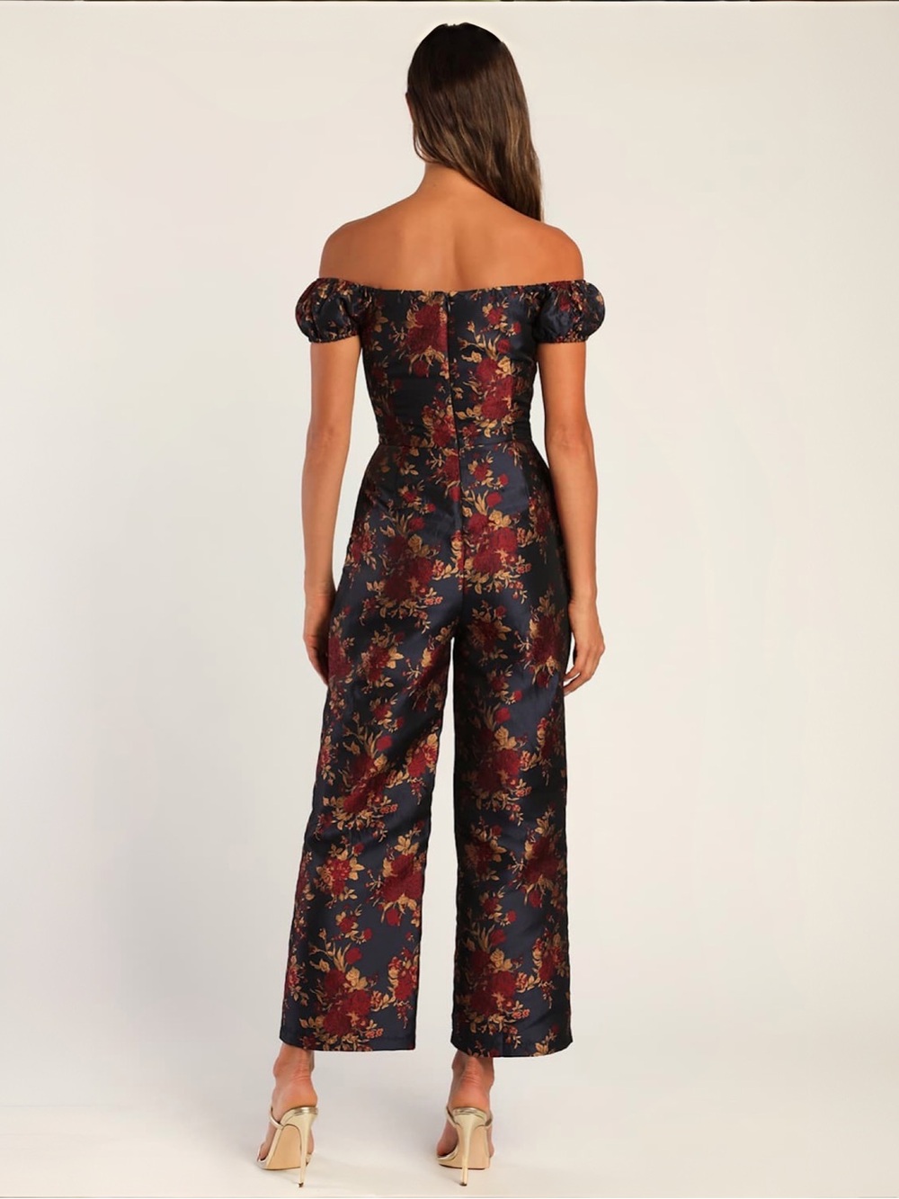 Lulus New Glam Midnight Blue Floral Jacquard Off-the-Shoulder Jumpsuit Sz S NEW - Picture 3 of 10